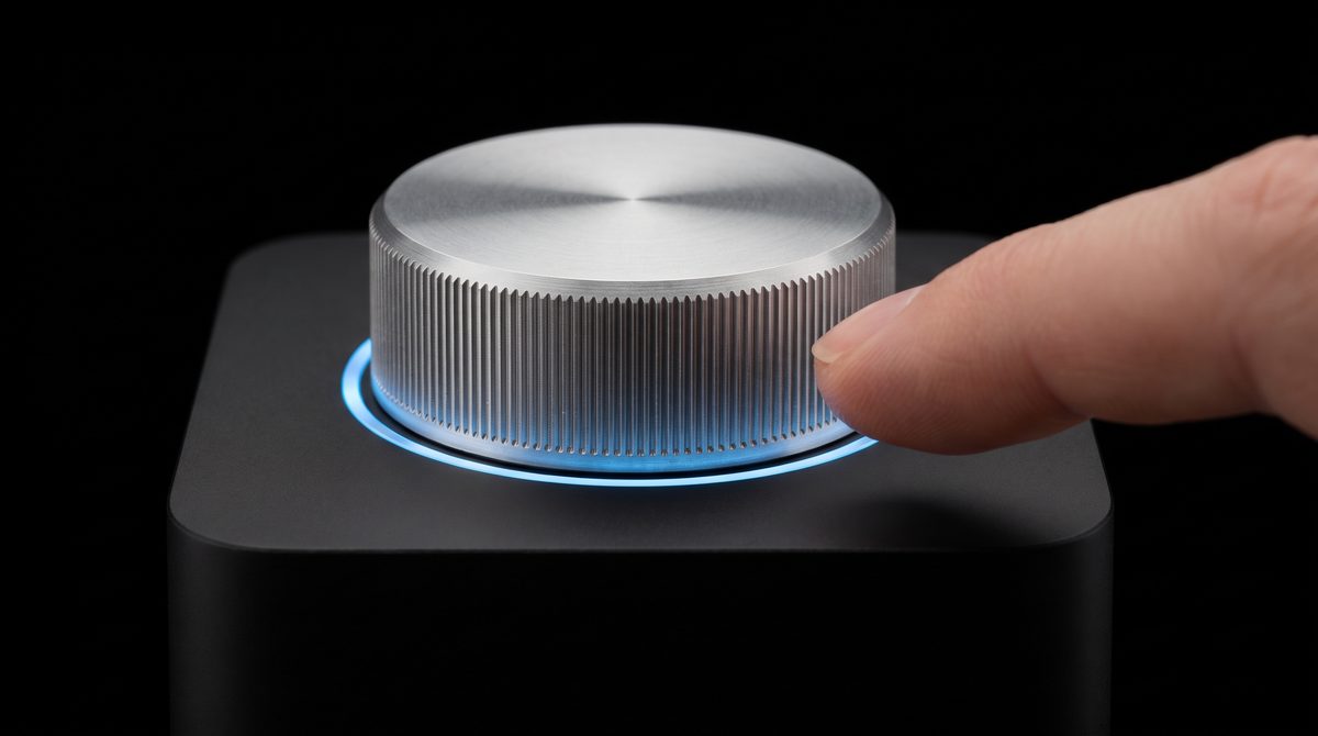 Una manopola di alluminio con un anello di luce azzurra: un dito sta per toccarla
