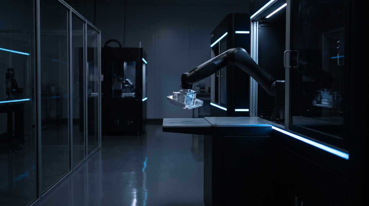 Un reparto di produzione di precisione, in penombra: un braccio robotico tiene un pezzo lavorato